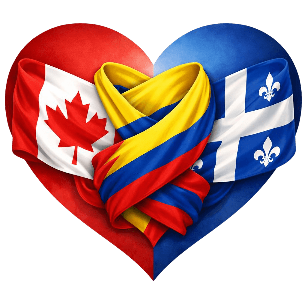 Corazón con las banderas de Canadá, Colombia y Québec